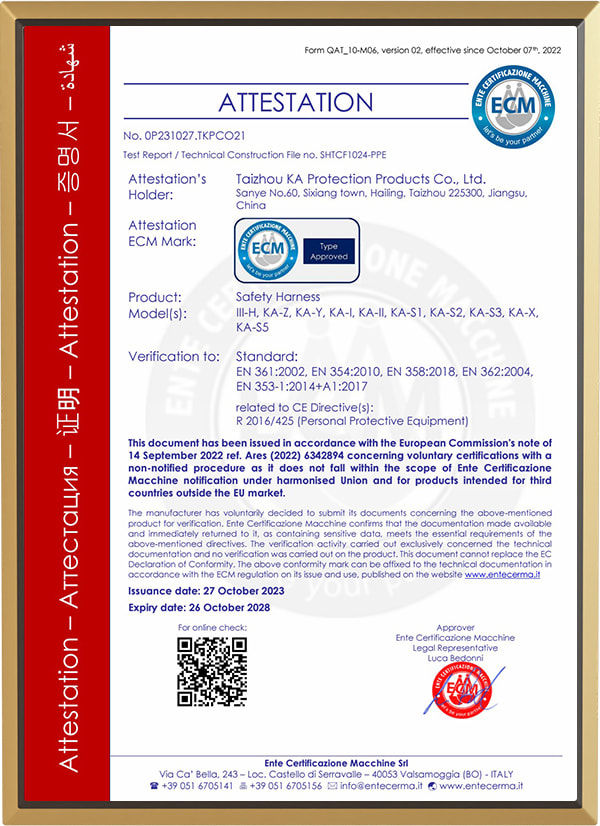 Certificaat voor veiligheidsharnas